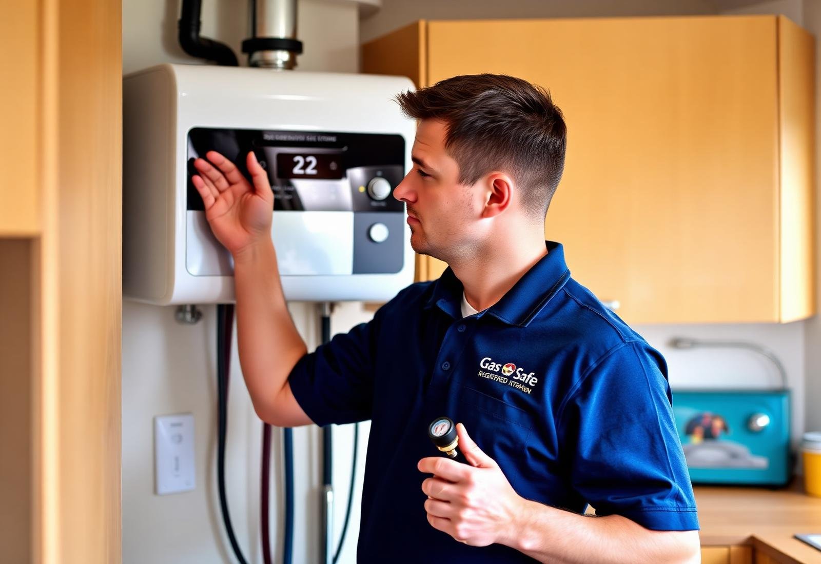 Gas Safe registered engineer working on a wall-mounted boiler